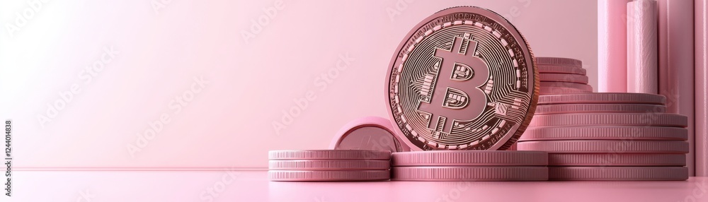 Poster a stack of pink coins arranged on a light pink surface, featuring intricate designs and a shiny fini