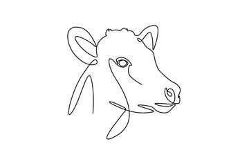 One continuous single-line drawing of cow face. Pet animal silhouette in simple, minimal, linear style. Elegance Doodle vector illustration in editable stroke. 