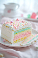 Pastry with multicolored cream stripes and edible glitter sprinkles