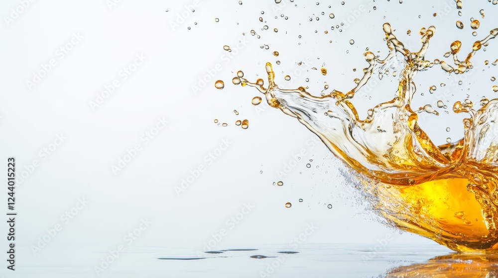 Poster Golden honey splashes in a captivating display of liquid dynamics, creating a beautiful interplay of light and reflections on a smooth surface during a well-lit moment.