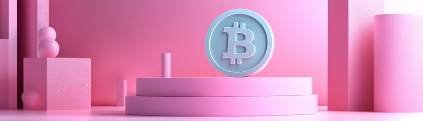 Obraz premium A Bitcoin coin hovers elegantly above a pink pedestal, surrounded by geometric shapes, creating a modern and vibrant digital finance aesthetic.