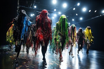 Models walking runway in vivid dripping paint outfits under bright lights