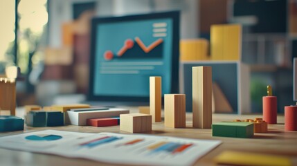 Colorful wooden building blocks and charts on a desk in a creative workspace with natural light for business concept