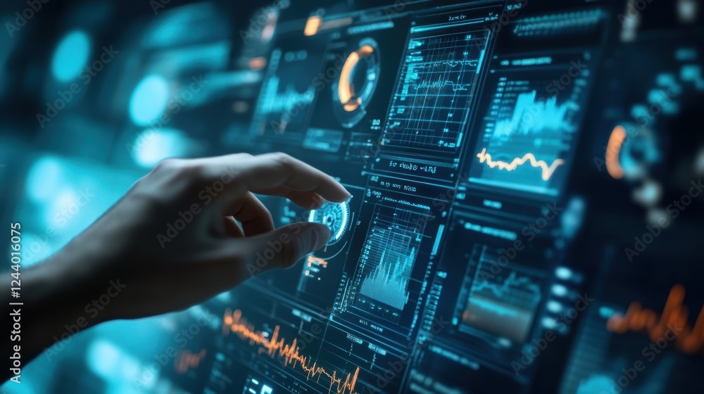 Poster hand interacting with a digital holographic screen displaying various graphs, charts, and data visua