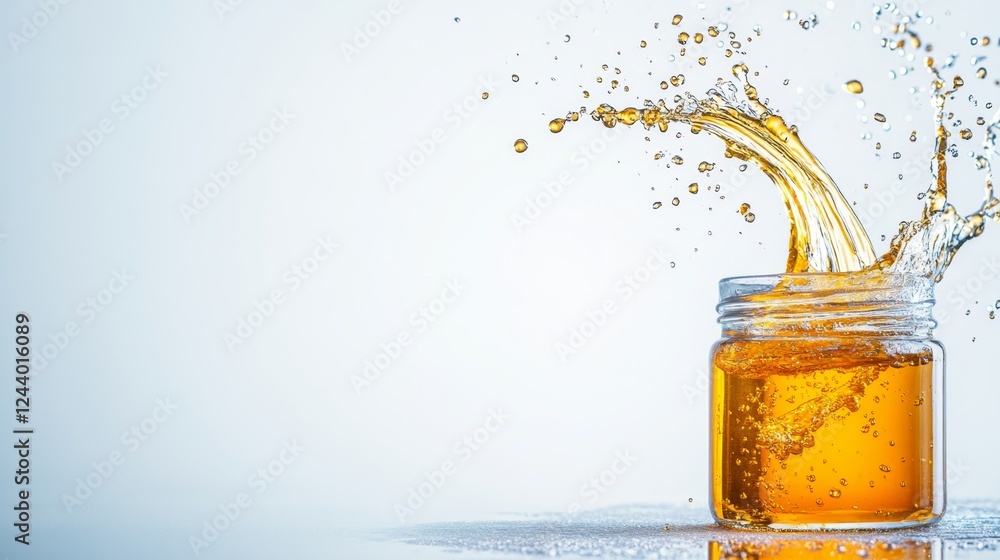 Aufkleber Vivid splashes of liquid honey erupt from a clear jar, creating a dynamic visual display. The background is bright and simple, enhancing the movement and texture of the honey droplets.