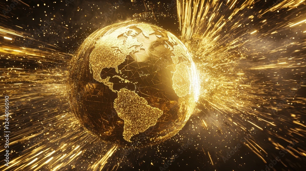 Aufkleber golden globe with shining sparks and continents representing global connection and advancement in a 