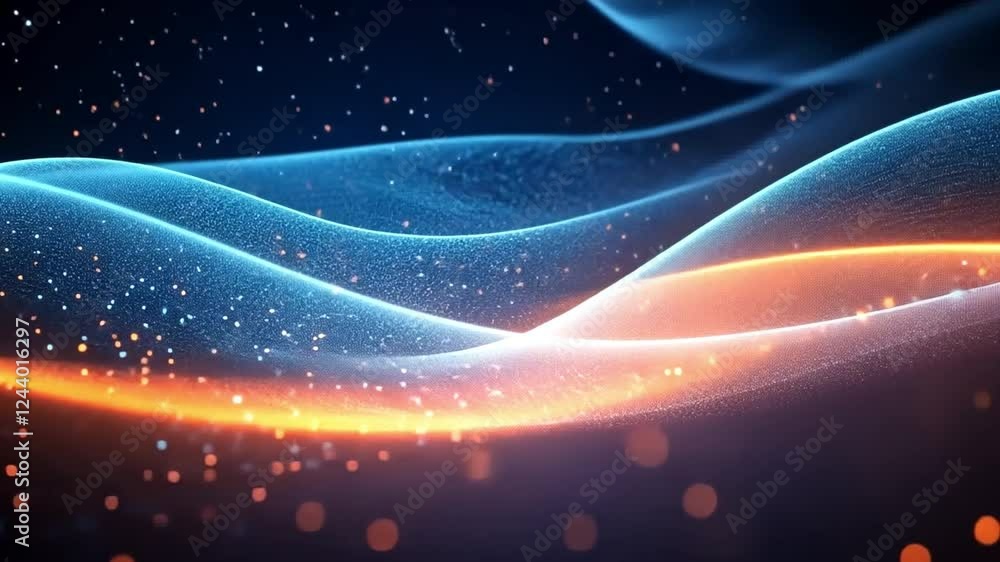 Poster Abstract Flow: Glowing, dynamic waves of blue and orange energy flow across a dark background, creating a futuristic and visually captivating abstract art piece.  
