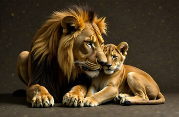 A lion and his little cub pose for the camera,