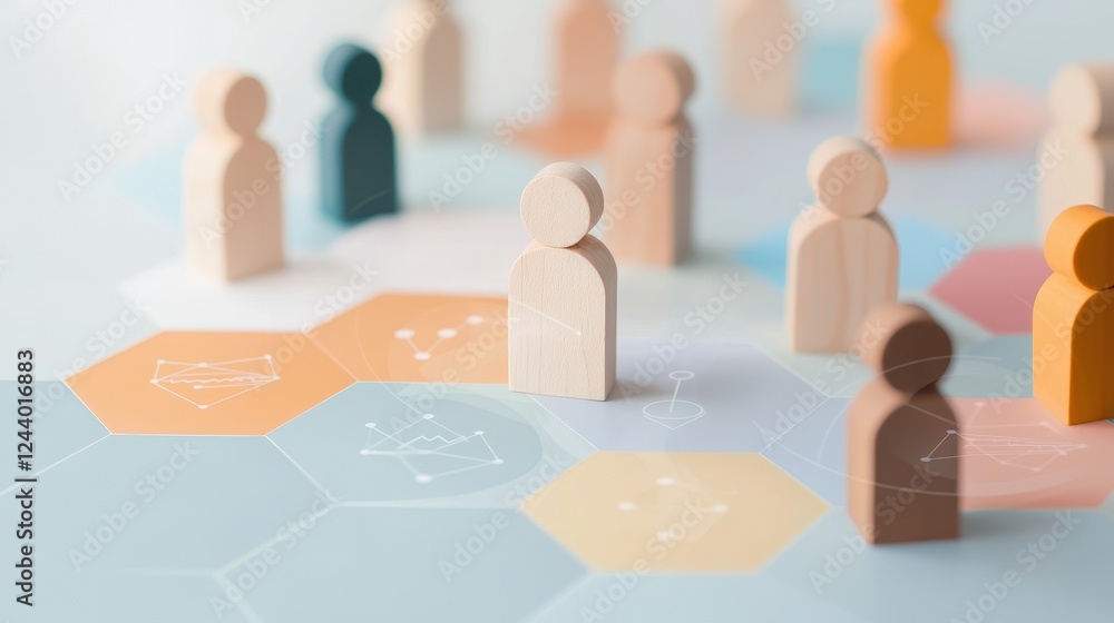 Poster Abstract representation of teamwork and collaboration with wooden figures on a geometric pattern background