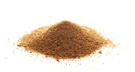 Pile milled nutmeg, powder isolated on white background and texture, side view