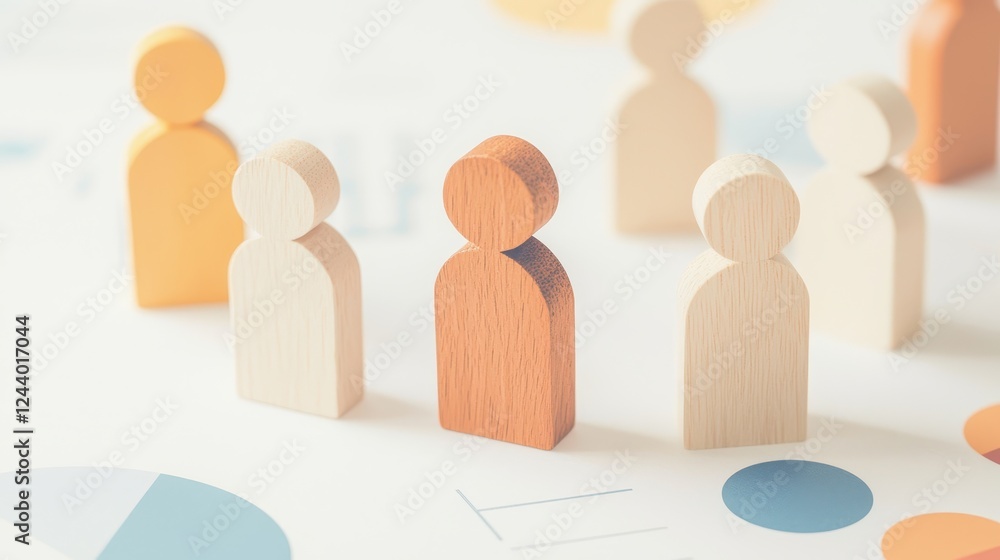 Poster wooden figurines representing diversity and teamwork in a modern office setting with colorful graphs
