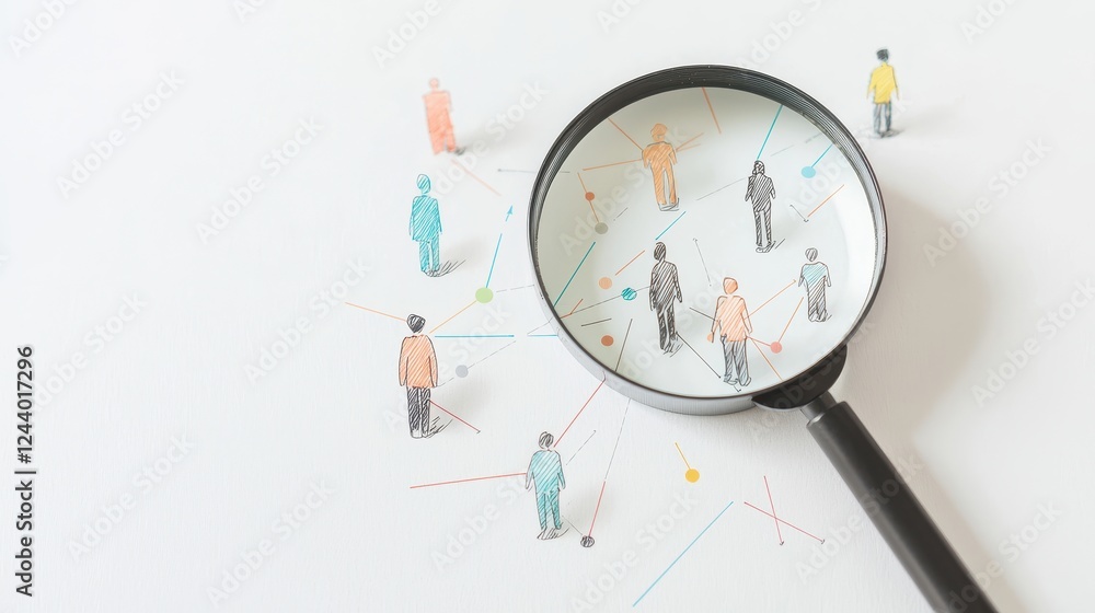 Aufkleber exploring connections through a magnifying glass over diverse figurines representing network relatio