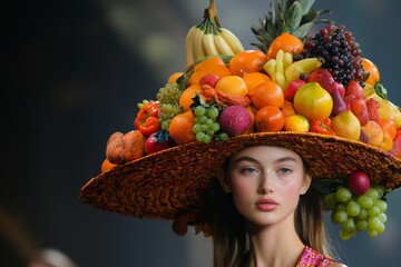Model showcasing an extravagant, fruit-laden hat during a fashion show, highlighting unique and creative headwear