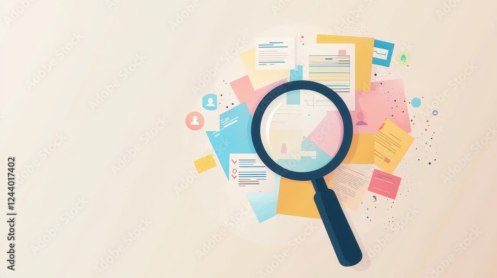 Poster magnifying glass over colorful documents and digital icons symbolizing research and analysis in busi