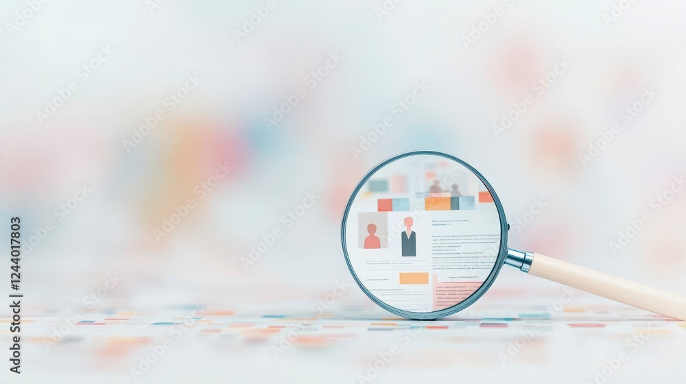 Poster magnifying glass focusing on documents and visual graphics on blurred background for business analys