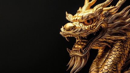Golden dragon statue, close-up, dark background, mythical creature