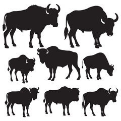 Different style Bison buffalo silhouettes set large pack of vector silhouette design
