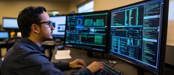 Focused programmer working late, analyzing data on multiple monitors.  Intense coding session in a modern office.