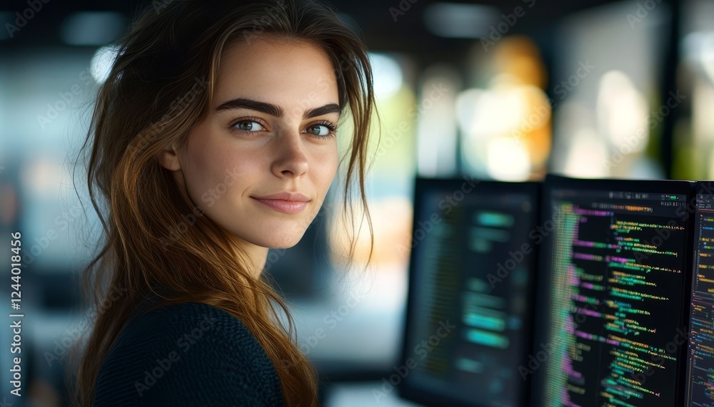 Poster confident female programmer focused on coding development with dual monitors in modern office