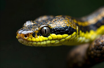 Close-up portrait of a snake. Selective focus, blurred background.