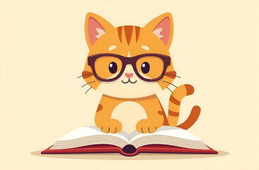 Red-haired cartoon cat reading a book, self-education concept, cartoon character