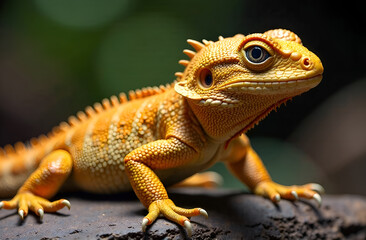 Obraz premium Close-up portrait of a lizard on a blurred background, shallow depth of field, selective focus.