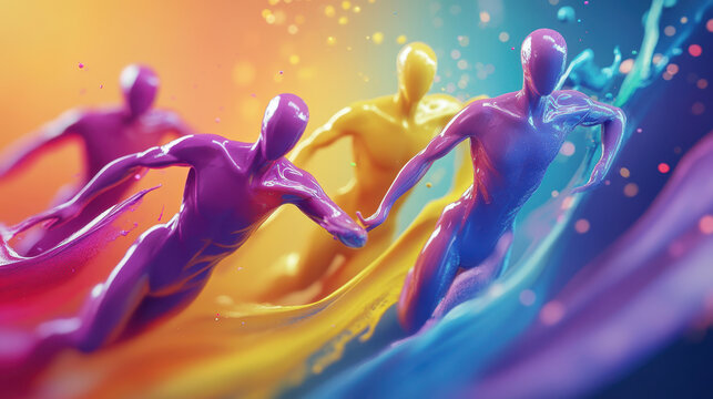 Colorful Abstract Figures Racing Through a Vibrant Wave of Hues in a Dynamic Digital Artwork