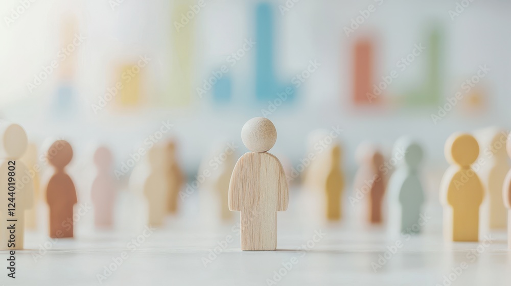 Poster wooden figurines on a table with colorful graphs in the background representing community, teamwork,