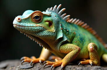 Fototapeta premium Cose up of a green iguana, selective focus, blurred background