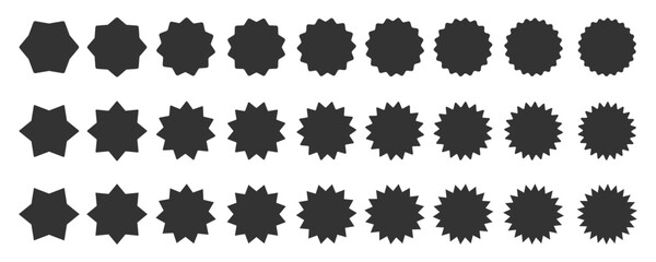 Circle sticker set. Star burst shape tags for price. Blank sale stickers. Simple silhouette