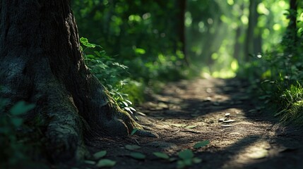 Obraz premium A narrow dirt path runs through dense forest foliage