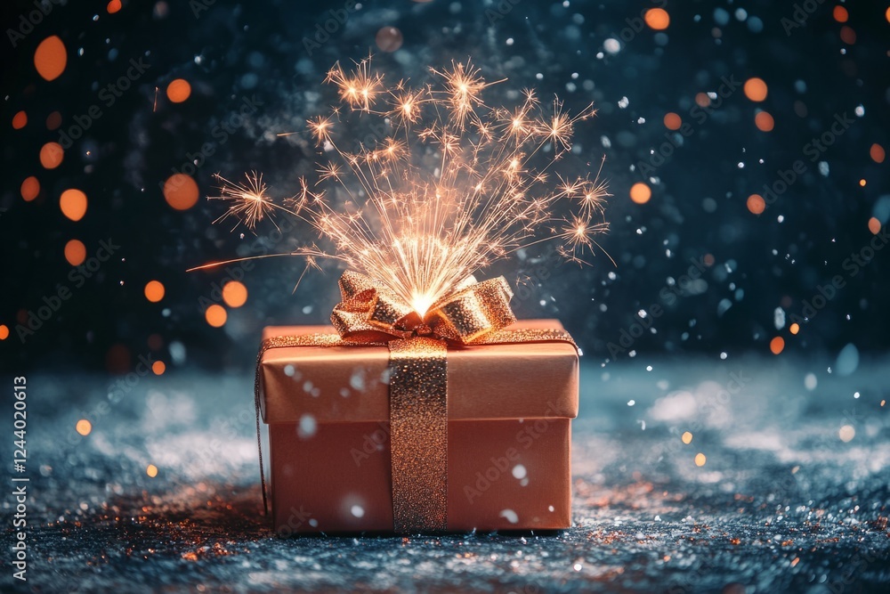 Poster golden gift box with fireworks exploding from it, creating a magical and festive atmosphere