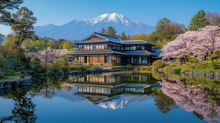 Obraz premium Japanese house reflecting on pond with Mt. Fuji, cherry blossoms
