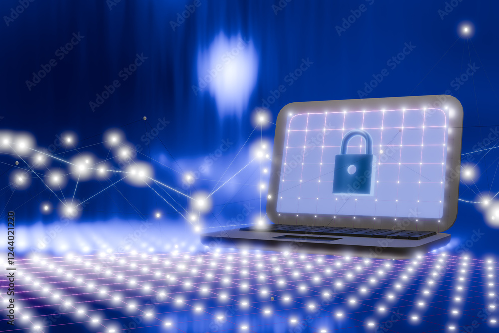 Poster a laptop with a lock icon, symbolizing cybersecurity and data protection in a digital landscape. 3d 