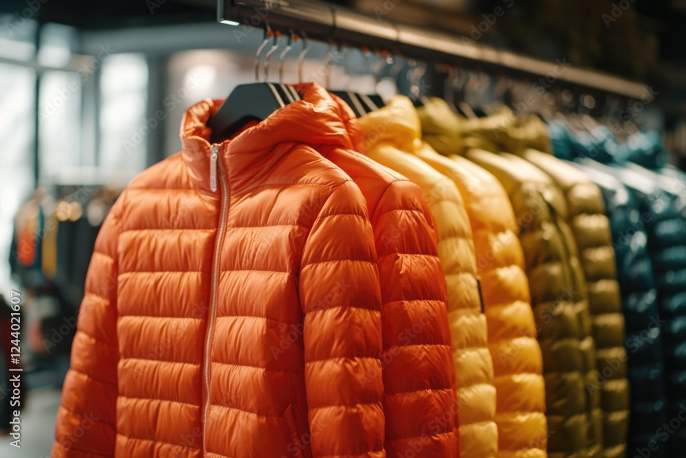 Poster Row of jackets displayed on a retail store rack for customers to browse