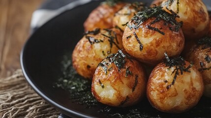 Close-up of takoyaki balls topped with seaweed on a black plate