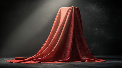 Red cloth covering a box on a dark background; mystery reveal