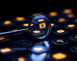 A magnifying glass highlighting a photo icon on a modern keyboard, symbolizing digital exploration and creativity.