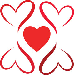Red hearts icon in a symmetrical design. Abstract symbol of love, romance, and relationships. Vector illustration for Valentine's Day isolated on white background.