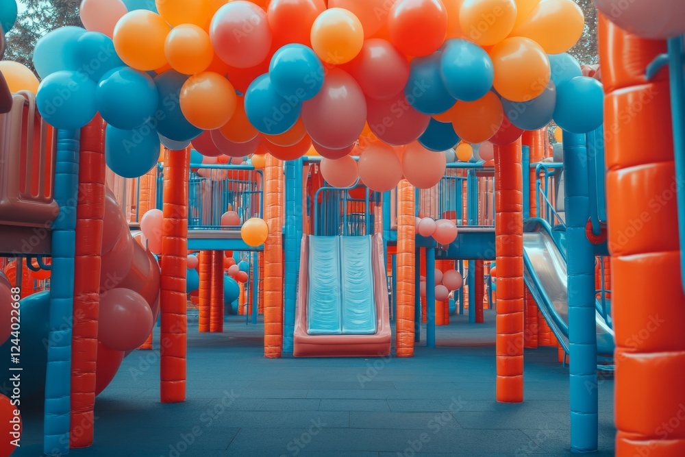 Poster colorful balloons hanging over a playground structure with slides, creating a festive and playful at