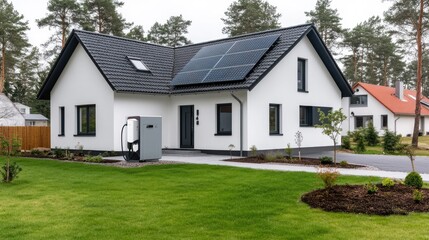 Red photovoltaic panels mounted on a white wall integrate with a home battery storage system, highlighting solar energy solutions