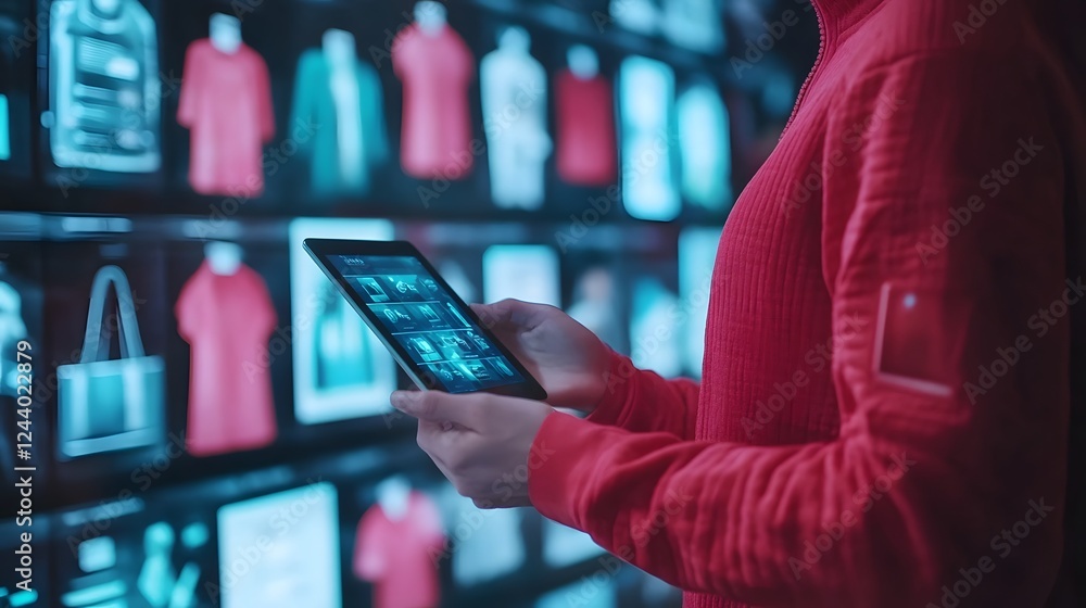 Poster futuristic shopping experience with floating product displays and tablet interface