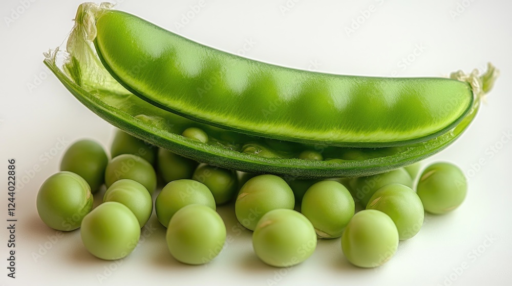 Poster a cluster of peas sitting on a white surface, ideal for food and beverage related concepts