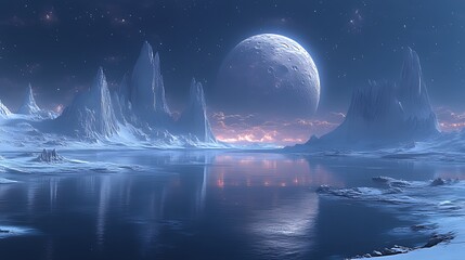 Alien planet icy lake moonset fantasy landscape