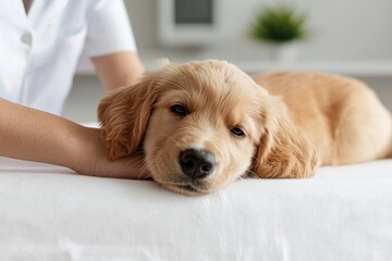Caring for a golden retriever puppy vet clinic animal indoor environment close-up view pet wellness