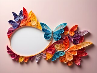Vibrant quilled paper shaped like butterfly wings, blending warm and cool tones for an ethereal effect. With space for text.
