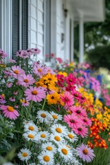 Beautiful colorful daisies blooming in a garden near a white wooden house