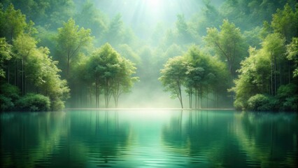 Obraz premium Serene Lakeside Grove Misty Morning Sunlight Illuminates Lush Green Trees and Tranquil Water