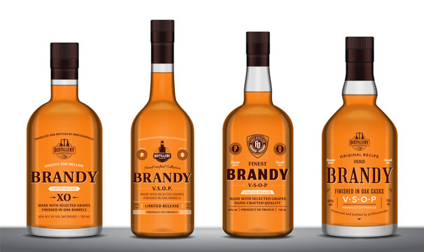 Vector brandy labels and brandy or cognac glass bottle mockups