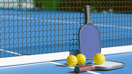A pickleball paddle and balls resting by the net on a blue court, ready for a game. 3d rendering © Olga